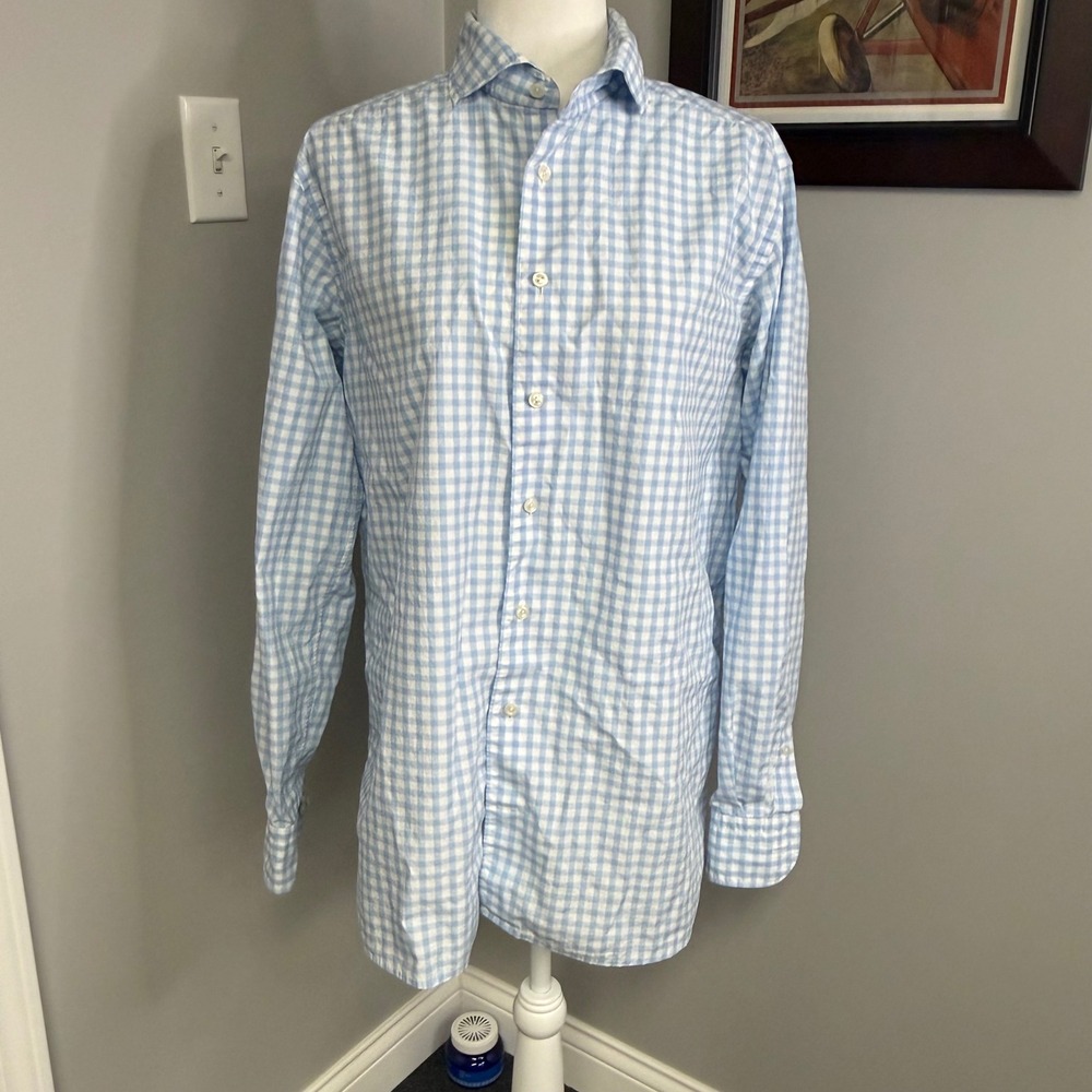 Eton Contemporary Fit Light Blue Gingham Check Cotton Dress Shirt Mens 16.5 L